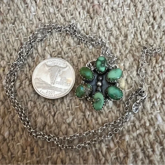 ❤️ Sonoran Gold Turquoise Cluster Pendant Brushed Sterling 18 - 20” Adj Necklace - Picture 7 of 13